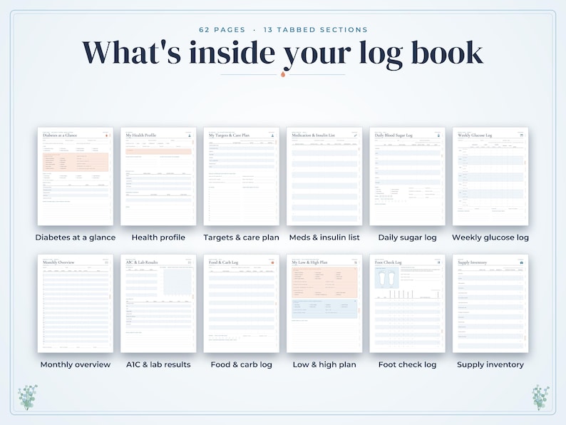 May include: A 62-page log book with 13 tabbed sections for diabetes management. The layout displays pages titled Diabetes at a glance, Health profile, Targets & care plan, Meds & insulin list, Daily sugar log, Weekly glucose log, Monthly overview, A1C & lab results, Food & carb log, Low & high plan, Foot check log, and Supply inventory.