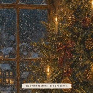 May include: An oil painting style print featuring a Christmas tree decorated with lit candles, pinecones, and red ornaments next to a window overlooking a snowy village at night. The image includes the text OIL-PAINT TEXTURE 300 DPI DETAIL.
