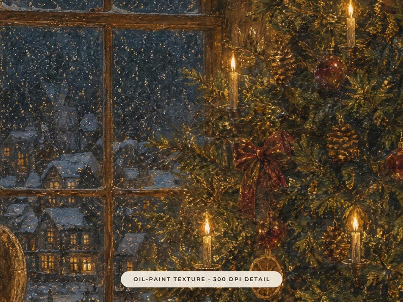 May include: An oil painting style print featuring a Christmas tree decorated with lit candles, pinecones, and red ornaments next to a window overlooking a snowy village at night. The image includes the text OIL-PAINT TEXTURE 300 DPI DETAIL.