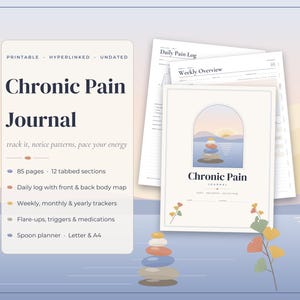 May include: A digital chronic pain journal with 85 pages and 12 tabbed sections. The cover features an arched illustration of stacked stones at sunset. Included pages show a daily pain log and weekly overview for tracking symptoms, triggers, and medications.