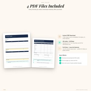May include: A digital income tracker set featuring 4 PDF files, including an Income Tracker and Monthly Income Summary page. The documents are available in US Letter 8.5x11 inch and A4 sizes, with full color and low-ink printing options.