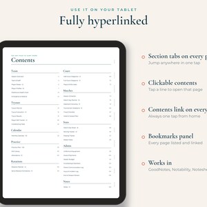 K&ouml;nnte beinhalten: Ein digitales Tablet zeigt das Inhaltsverzeichnis eines verlinkten Sportplaners mit Abschnitten f&uuml;r Team, Probetraining, Kalender, Training, Rotationen, Spielfeld, Spiele, Statistiken, Verwaltung und Notizen. Text enth&auml;lt "USE IT ON YOUR TABLET".