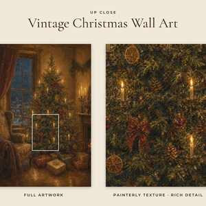 May include: Two panels of wall art titled UP CLOSE Vintage Christmas Wall Art. The left panel shows a full painting of a decorated Christmas tree in a room with a window and gifts. The right panel shows a detailed view of the tree with candles.