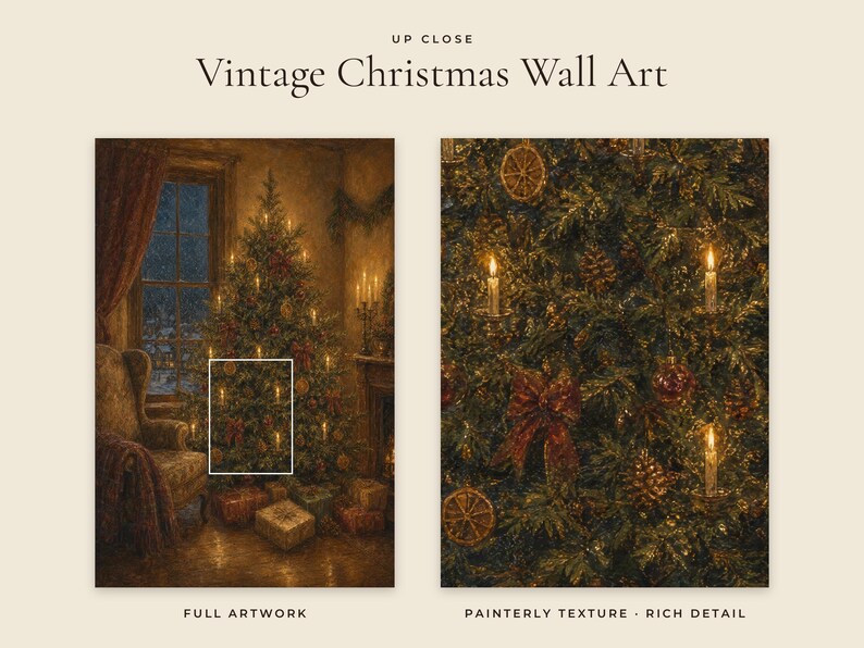 May include: Two panels of wall art titled UP CLOSE Vintage Christmas Wall Art. The left panel shows a full painting of a decorated Christmas tree in a room with a window and gifts. The right panel shows a detailed view of the tree with candles.