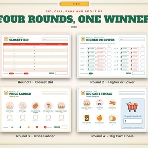K&ouml;nnte beinhalten: Ein vierseitiger Spiel-Punktebogen mit dem Titel Four Rounds, One Winner. Die Seiten enthalten Abschnitte f&uuml;r Closest Bid, Higher or Lower, Price Ladder und Big Cart Finale mit verschiedenen Rastern, K&auml;stchen und Symbolen zur Punkteverfolgung.