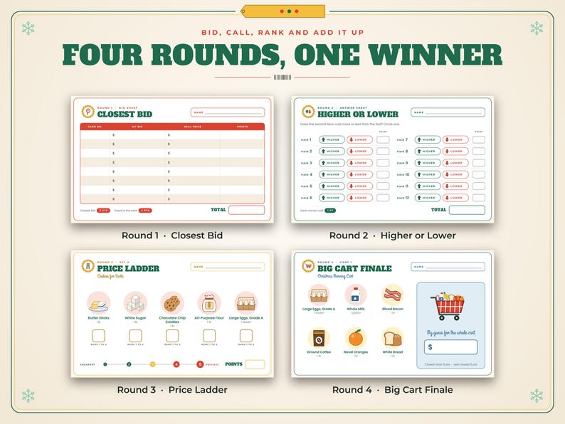 K&ouml;nnte beinhalten: Ein vierseitiger Spiel-Punktebogen mit dem Titel Four Rounds, One Winner. Die Seiten enthalten Abschnitte f&uuml;r Closest Bid, Higher or Lower, Price Ladder und Big Cart Finale mit verschiedenen Rastern, K&auml;stchen und Symbolen zur Punkteverfolgung.