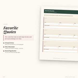 以下が含まれることがあります： 緑色のヘッダーが付いた「Favorite Quotes」というタイトルの白とベージュの日記。日記には、本のタイトル、著者、ページ番号、引用が共鳴した理由のセクションが含まれています。日記は、お気に入りの引用をキャプチャするように設計されています。