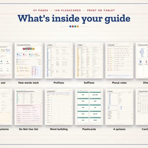 May include: A digital guide featuring 69 pages and 140 flashcards, titled What's inside your guide. It displays twelve document thumbnails including How to use, How words work, Prefixes, Suffixes, Plural rules, Directions, 11 body systems, Do Not Use list, Word building, Flashcards, 4 quizzes, and Card tracker.