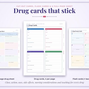 May include: A set of printable drug study templates including a full-page drug sheet, a page with four color-coded drug cards, and a page of flash drug cards. The text includes headings like Drug cards that stick, Full-Page Drug Sheet, and Flash Drug Cards.