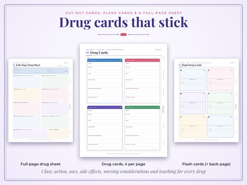 May include: A set of printable drug study templates including a full-page drug sheet, a page with four color-coded drug cards, and a page of flash drug cards. The text includes headings like Drug cards that stick, Full-Page Drug Sheet, and Flash Drug Cards.
