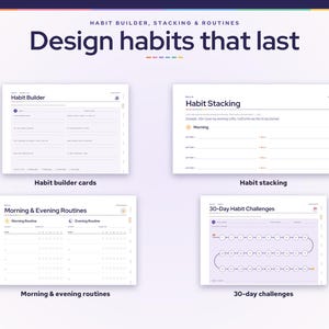 May include: A digital planner layout titled Design habits that last, featuring four sections: Habit Builder cards, Habit Stacking, Morning & Evening Routines, and 30-Day Habit Challenges with a circular progress tracker for daily habit tracking.