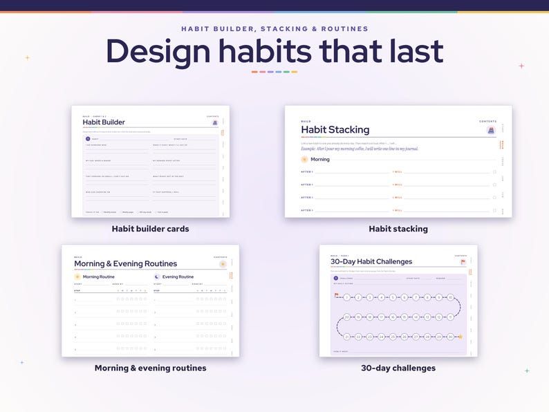 May include: A digital planner layout titled Design habits that last, featuring four sections: Habit Builder cards, Habit Stacking, Morning & Evening Routines, and 30-Day Habit Challenges with a circular progress tracker for daily habit tracking.