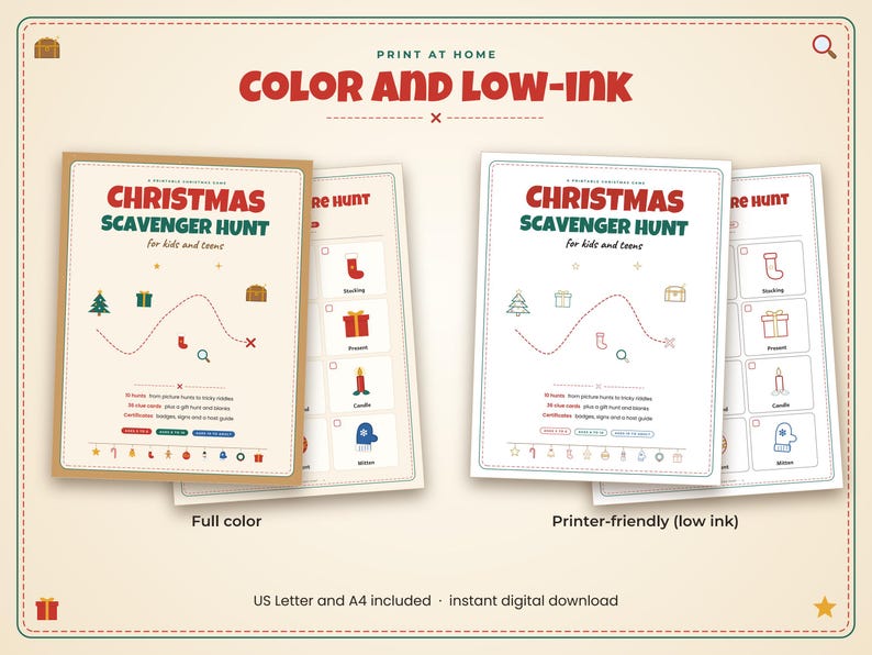 Puede incluir: Un juego de b&uacute;squeda del tesoro navide&ntilde;o imprimible para ni&ntilde;os y adolescentes, con dos versiones: un conjunto a todo color y otro de bajo consumo de tinta. Cada p&aacute;gina incluye instrucciones, iconos navide&ntilde;os y una lista de objetos.
