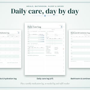 May include: A set of three white printable log sheets featuring dark blue text. The central sheet is titled Daily Care Log, flanked by a Meals & Hydration Log on the left and a Bathroom & Continence Log on the right. The text includes Meals, Bathroom, Sleep & Mood, Daily care, day by day, and Plus a weekly medication log, as-needed log and refill tracker.