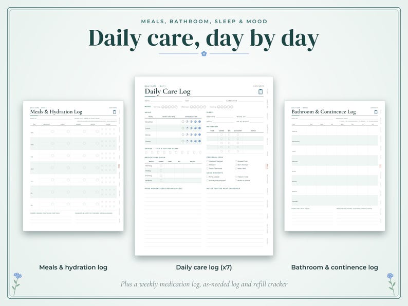 May include: A set of three white printable log sheets featuring dark blue text. The central sheet is titled Daily Care Log, flanked by a Meals & Hydration Log on the left and a Bathroom & Continence Log on the right. The text includes Meals, Bathroom, Sleep & Mood, Daily care, day by day, and Plus a weekly medication log, as-needed log and refill tracker.