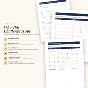 K&ouml;nnte beinhalten: Eine Sammlung wei&szlig;er Papierdokumente mit Text und Diagrammen, darunter ein 30-Tage-Challenge-Kalender und ein Geldspar-Tracker. Der Text auf den Dokumenten enth&auml;lt "Who This Challenge Is For" und Beschreibungen f&uuml;r verschiedene Benutzergruppen.