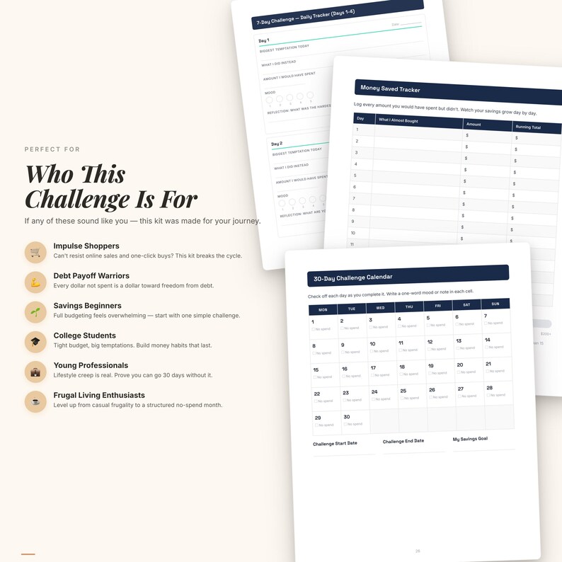 K&ouml;nnte beinhalten: Eine Sammlung wei&szlig;er Papierdokumente mit Text und Diagrammen, darunter ein 30-Tage-Challenge-Kalender und ein Geldspar-Tracker. Der Text auf den Dokumenten enth&auml;lt "Who This Challenge Is For" und Beschreibungen f&uuml;r verschiedene Benutzergruppen.