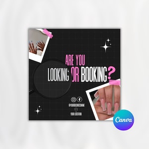 Looking or booking template, Booking open flyer, Hair Appts, Nail bookings, MUA, Appointments open, Beauty social media template DIY Canva