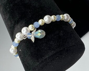 Blue and White Pearl Handmade Beaded Bracelet gift for her- stretchy- Boho Jewelry Gift