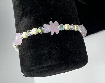 Handmade Beaded Bracelet - Bear, Pearl, and Crystal Stringed Bracelet, Stretchy