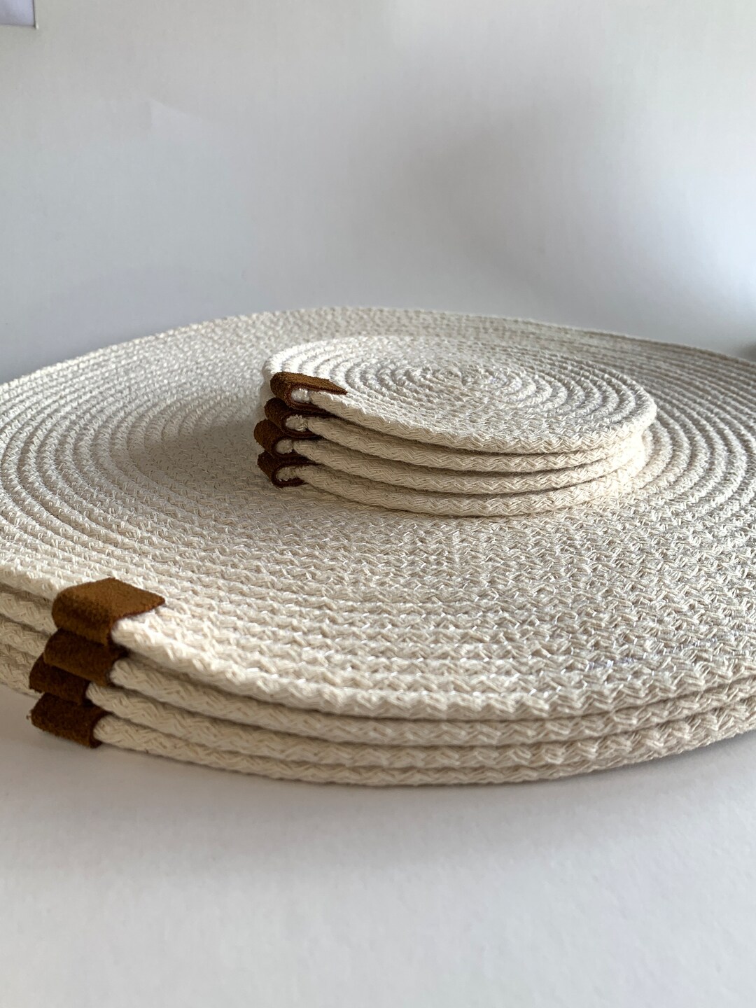 Handmade Cotton Placemats 14inch and Coasters 5inch, Natural Cotton