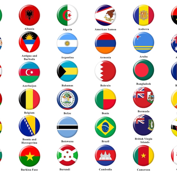 268 National Flag Pinback Buttons | Flags of the World | 3 Sizes available | Independence Day | Memorial Day | Flag Day