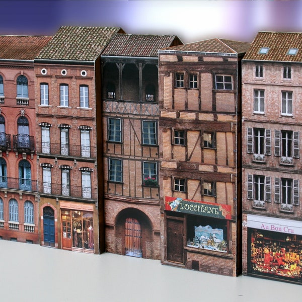 France paper houses - Toulouse street in France - 3D Realistic architecture - Coloring according to a model - South France Paper buildings