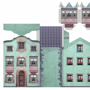 Printable 3D Templates to cut, fold + glue. Papercraft DIY of realistic Tyrolean Austrian Houses. World Paper Houses Decor Collection.