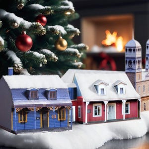 Paper Village of existing Historical town in Quebec, Canada, on thick paper.  100% realistic  Church, Mill, Manor, Store & houses. DIY town.
