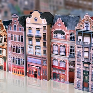 Maisons en papier de Bruxelles, Belgique à télécharger, imprimer et construire. Niveau facile. Modèles en papier et pages à colorier assorties pour jouer et apprendre.