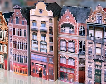 Maisons en papier de Bruxelles, Belgique à télécharger, imprimer et construire. Niveau facile. Modèles en papier et pages à colorier assorties pour jouer et apprendre.