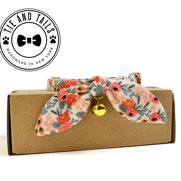 Peach Floral Cat Bow tie, Bunny Ear Bow Tie/Collar/Break away Buckle/Pet lover/Collar with Bell/Kitten Collar/handmade Gift