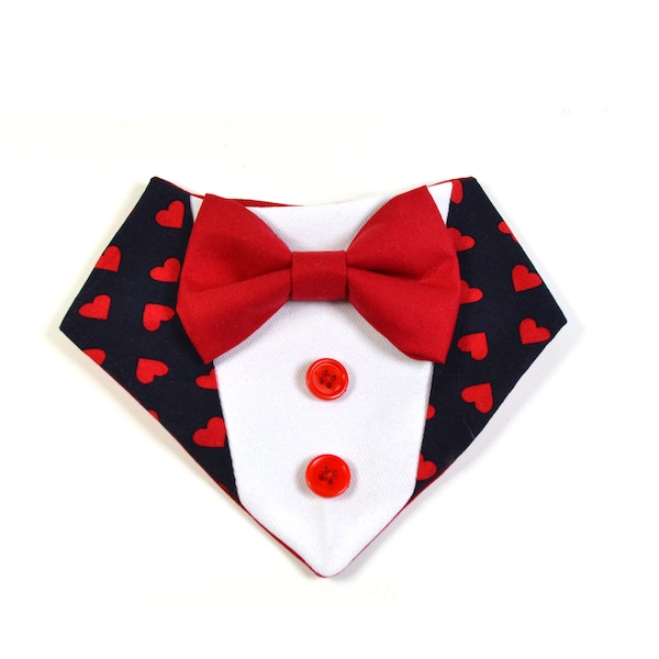Valentine's Day Tuxedo Bandana For Dogs and Cats/neck scarf/Tuxedo bib/pet's accessories/snap on bandana/red hearts/navy bandana/red tie/cat