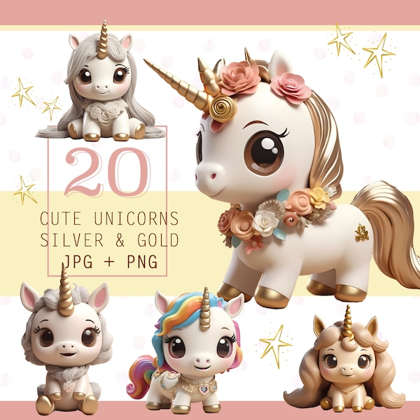 unicorns plateados y dorados clipart tiernos, unicornios kawaii, paquete imágenes prediseñadas, JPG, PNG transparentes, descarga digital