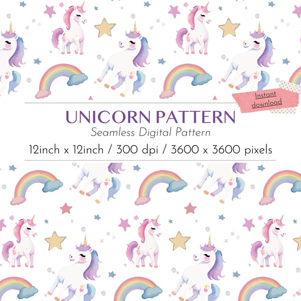 Patrones de unicornios tiernos digital sin costuras, papel digital, patrón unicornio acuarela, estrellas, PNG descargable, bricolage