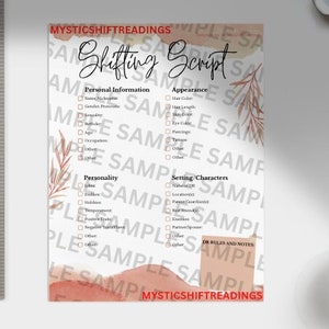 May include: A printable checklist for shifting realities. The checklist is divided into sections: Personal Information, Appearance, Personality, Setting/Characters, and Other Rules and Notes. The checklist is decorated with watercolour-style leaves and a peach-coloured background.