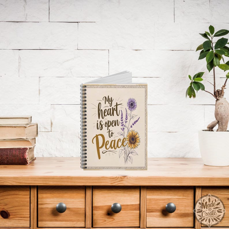 Inspirational Sunflower Notebook: My Heart Is Open to Peace - 6x8 Spiral Journal image 2