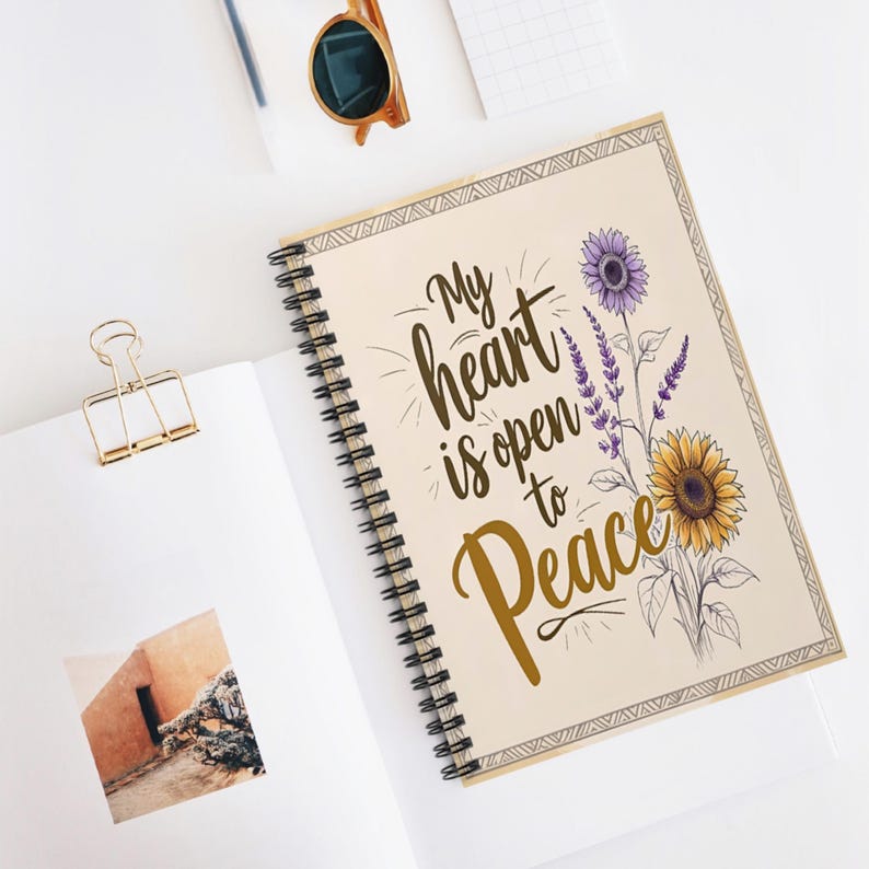 Inspirational Sunflower Notebook: My Heart Is Open to Peace - 6x8 Spiral Journal image 1