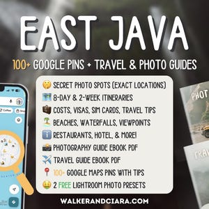 Paquete de guía de viaje de Java Oriental: más de 100 marcadores de Google Maps, guía de viaje en PDF, guía de fotografía y ajustes preestablecidos de Lightroom.