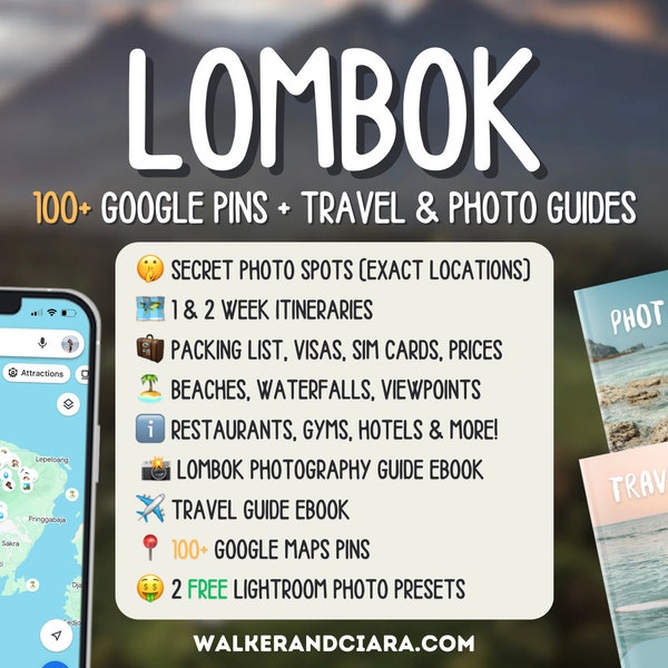 Lombok-reisgidsbundel (meer dan 100 Google Maps-pins met tips, reis- en fotografiegidsen, 2 GRATIS fotovoorinstellingen, paklijst en meer!)