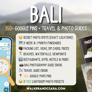 May include: Image featuring travel guides for Bali, including a phone with a map, a magnifying glass, and two guidebooks. The guides offer Google pins, itineraries, packing lists, and photo spots. The text on the image says "BALI" and "WALKERANDCIARA.COM".