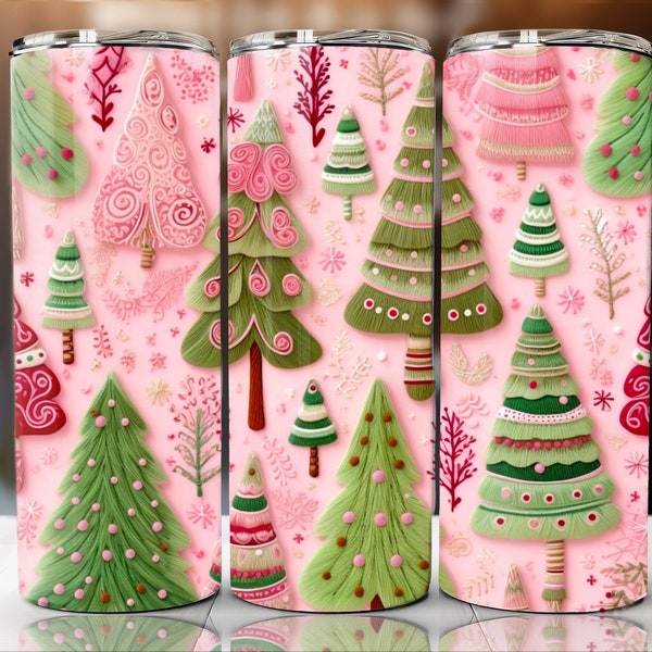 3d Folk Whimsy Christmas Tree Yarn Pink Green Design Sublimation Tumbler PNG file design