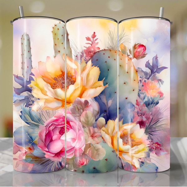 Pretty Southwest Desert Boho Cactus Flowers Watercolor Sublimation Tumbler PNG file design