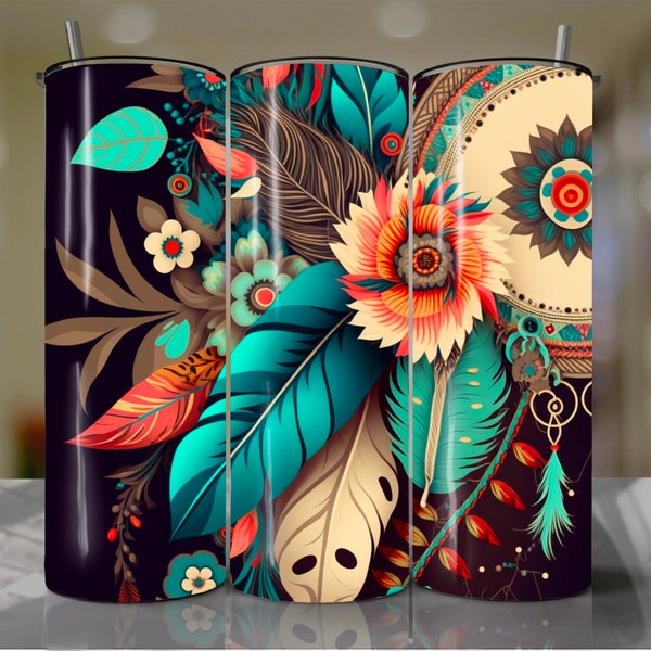 Feather and Floral Southwest Native Sublimation Tumbler PNG file design