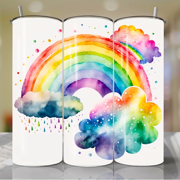 Watercolor Rainbow Rain and Clouds Sky Sublimation Tumbler PNG file design