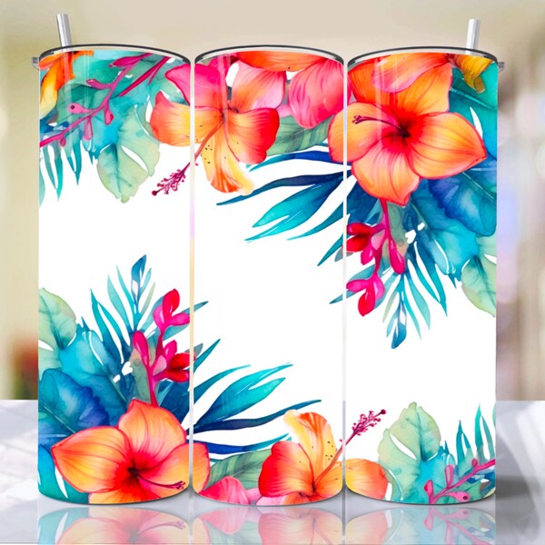 Tropical Orange and Aqua Watercolor Floral Borders Sublimation Tumbler PNG file design