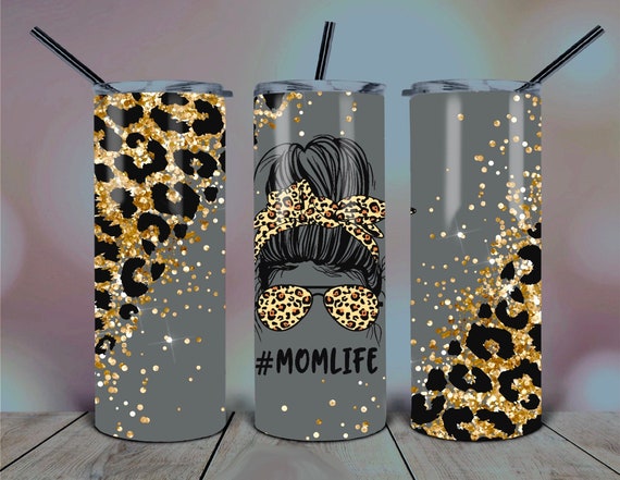 Leopard Mom Life Messy Bun Glitter Tumbler, Mom Life Gold Glitter
