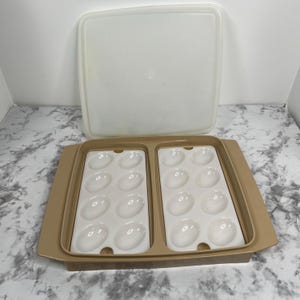May include: A tan and white plastic egg container with a clear lid. The container has two sections, each holding 12 white egg-shaped molds. The lid is rectangular and clear.