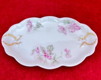 Haviland Limoges Miniature Serving Dish – White with Pink Flowers and Gold Ribbon