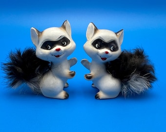 Vintage Raccoon Salt and Pepper Shakers Japan 3 Inch Set Fur Tail